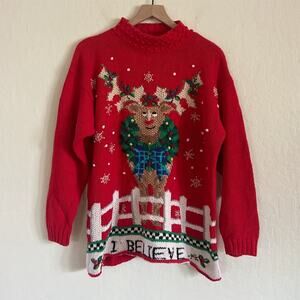 Vintage Beldoch Popper Chunky 3D Knit Ugly Christmas Sweater 1X Reindeer Red